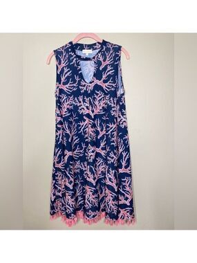 Simply Southern Navy and Pink Coral Print Dress with Tassel Detail M